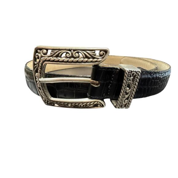 Brighton Black Leather Belt Croc Alligator Embossed Silver Buckle Size M/L 32